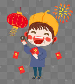 春节卡通手绘q版收红包自拍的女17