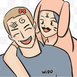 情侣甜蜜打闹七夕卡通手绘情侣嬉戏插画情人节情侣玩耍打闹情人节恩爱