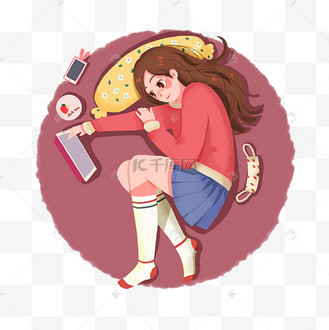 追剧少女躺着看视频枕头短裙卫衣长发png格式