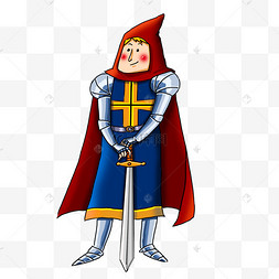 手绘十字军战士png素材古罗马盔甲战士卡通骑士波普风格红色斗篷盾剑