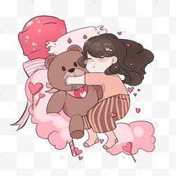 可爱动物抱书小熊晚安系列可爱小女孩抱小熊插画抱小熊睡觉png手绘