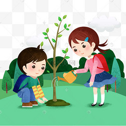 橙色水壶浇水小清新简笔画手绘卡通手绘水壶黄色的花洒和嫩芽插画橙色