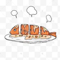 饭手绘插画清蒸鱼红烧鱼矢量手绘卡通红烧鱼新年红烧鱼饺子豆腐图标贴