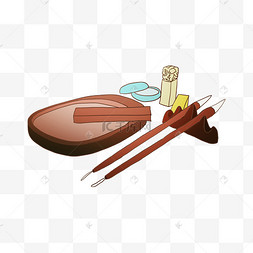 笔墨纸砚棕色毛笔砚台两本叠着的书卡通插画两本叠着的书免抠两人努力