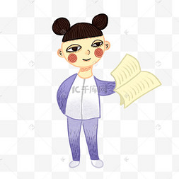 手绘矢量卡通可爱穿校服的看书的
