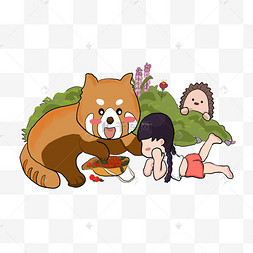 卡通可爱小动物与女孩装饰插画