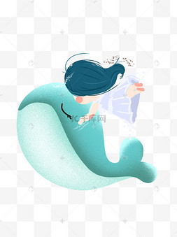 可爱鲸鱼和小女孩插画元素