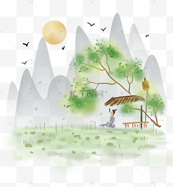 春天草棚里看风景的古人诗人