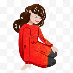 跪坐的长发女孩卡通png素材