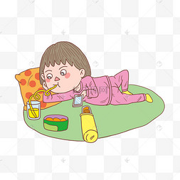 卡通手绘人物吃零食玩手机女孩