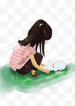 下雨天小女孩喂猫