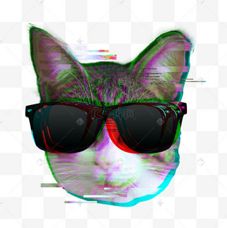 时尚故障风戴墨镜的猫咪流行元素插画免抠
