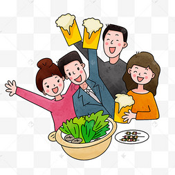 庆祝日本新年忘年会举杯欢庆卡通人物日本新年忘年会上同事热闹庆祝