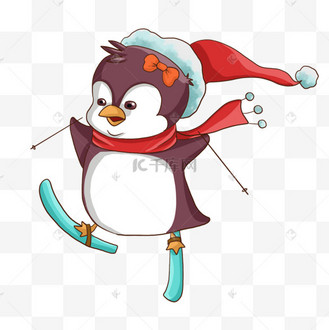 可爱卡通运动滑雪红帽子企鹅