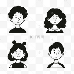 无色人物黑白可爱卡通头像剪贴画
