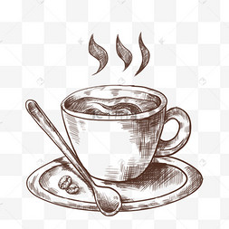 黑白线描咖啡杯插画元素手绘线描黑白英文介词字母元素黑白线条山海