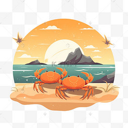 banner螃蟹图片_夏天沙滩海岸螃蟹贴纸手绘扁平