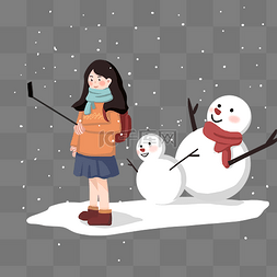 自拍杆插画图片_冬季人物和雪人