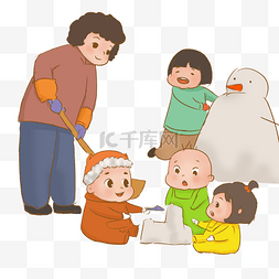 传统节日手绘插画图片_过年堆雪人的孩子们