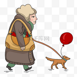 插气球图片_春节出游暖色调手绘插画风遛狗狗