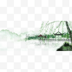 古风建筑手绘插画图片_古风插画古风场景建筑手绘场景柳