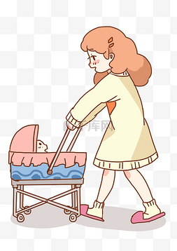 妈妈小孩图片_母婴推婴儿的妈妈插画