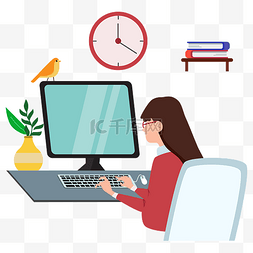 扁平时钟矢量图片_台式电脑一体机扁平化风格工作女