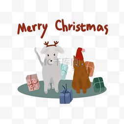 圣诞节插画宠物猫狗圣诞快乐PNG图