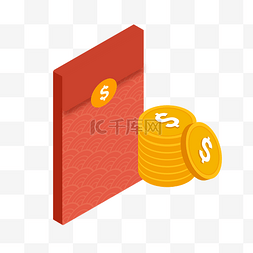红色的钱包图片_手绘卡通2.5D金币