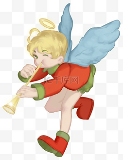 小天使羽毛图片_圣诞红绿色插画海报吹乐器的小天