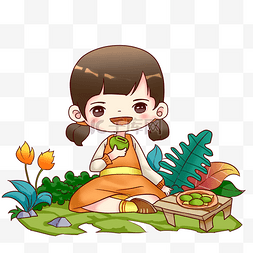 女孩插画植物图片_清明节吃青团女孩