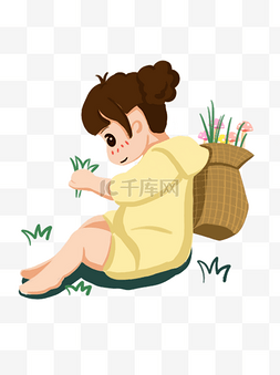篓图片_背着花篓黄衣服小女孩坐在草地上