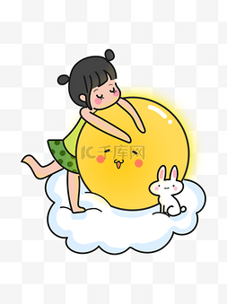 手绘满月图片_中秋节圆月赏月兔子白兔可爱卡通