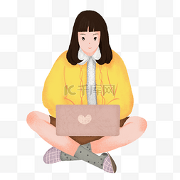正在玩电脑的人图片_卡通玩电脑的长发女生插画