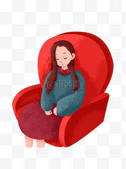 手绘卡通红沙发上睡觉的长发美女