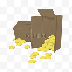 卡通金融金币插画图片_箱子里散落的金币插画