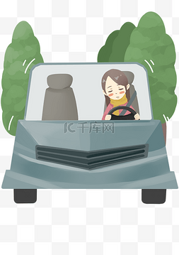 卡通卡通绿色汽车图片_交通安全开车的小女孩