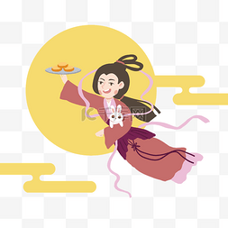 简约月饼图片_中秋节手绘卡通嫦娥仙子抱玉兔送