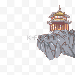 房檐融雪图片_岩石上的古代建筑亭建筑插画