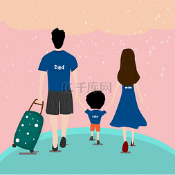 一家人假期旅游手牵手卡通插画