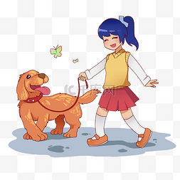 彩色卡通人物装饰图片_女孩公园遛狗玩耍