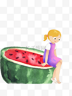 水果坐着的女孩图片_ 坐在西瓜上的女孩 