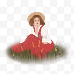 度假草裙图片_秋天坐在草地上的红裙金发女孩