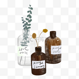 绿色植物花瓶图片_手绘插画风格北欧棕色小花瓶
