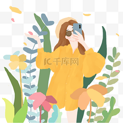 女孩花朵卡通图片_卡通手绘春游自拍出行穿搭