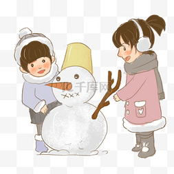 过大年卡通小女孩主题插画堆雪人