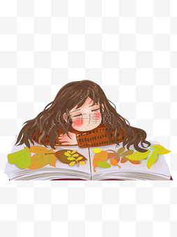 晚安卡通图片_彩绘趴着书本上睡觉的女孩可商用