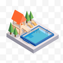 别墅轴测图图片_度假别墅带豪华泳池2.5D矢量免抠