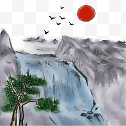 彩色中国风山水图片_中国风山水瀑布植物山水山河飞鸟