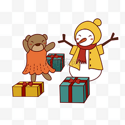 矢量小雪人图片_手绘卡通可爱圣诞节雪人和小熊跳